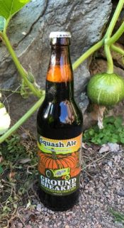 Ground Breaker Squash ale bottle in the garden with a squash